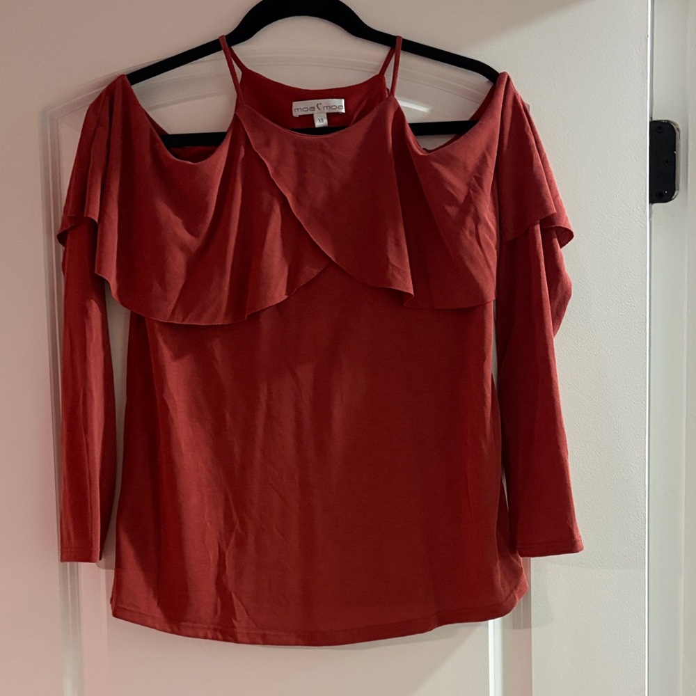 Moa Moa Red Ruffle Cold Shoulder Blouse